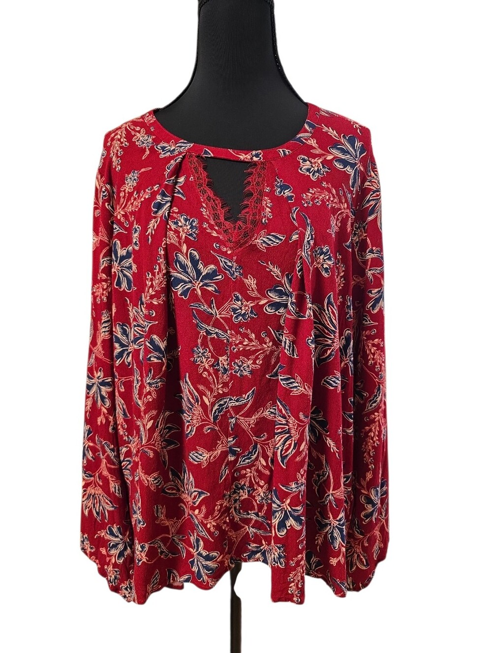 Democracy Red and White Boho Long Sleeve Floral Peasant Blouse L